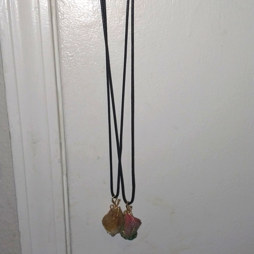 Tanish White Crystal Necklace, Pinkish Green Crystal Necklace. Wrapped in Carbon